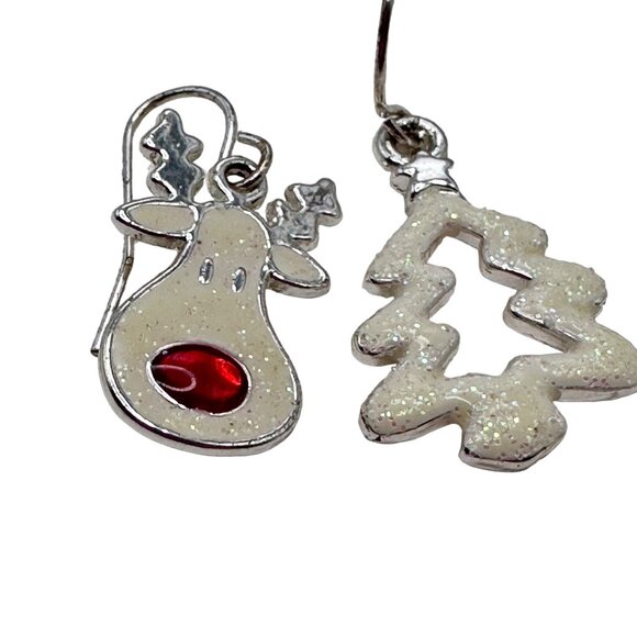 Earrings Women Christmas Holiday Reindeer & Tree Earrings Dangle Silver Tone - Picture 6 of 8